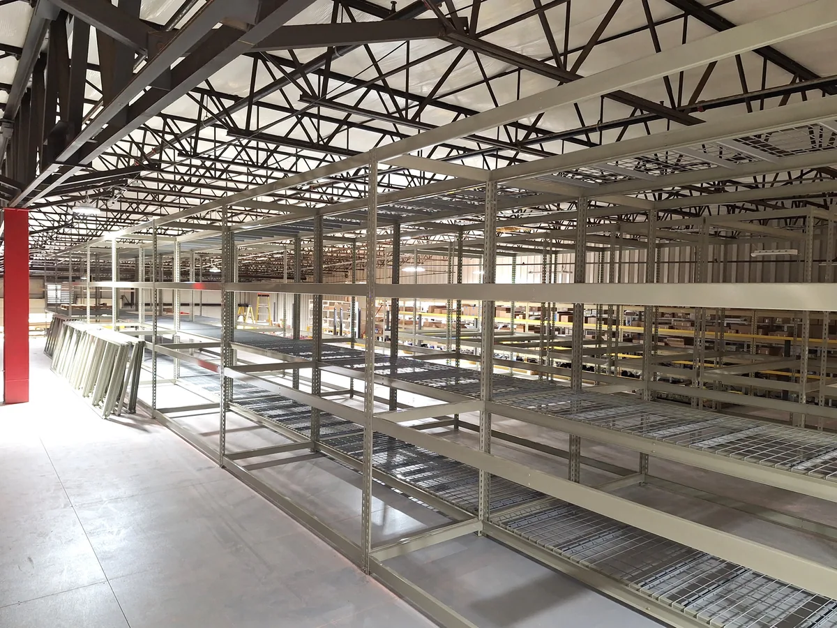 Rows of rivet rack shelving in a facility