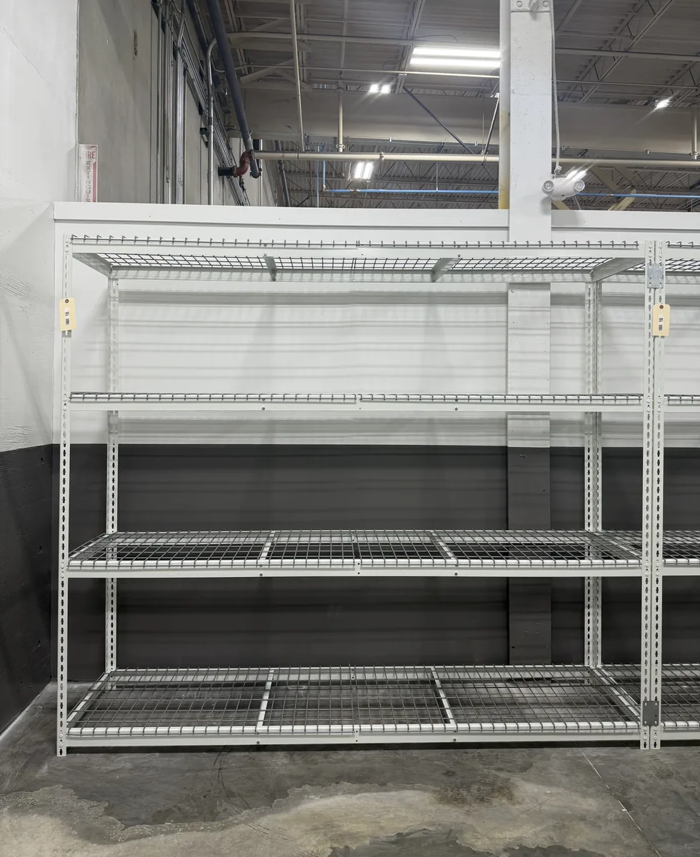 Close view of rivet rack shelving with wire decks